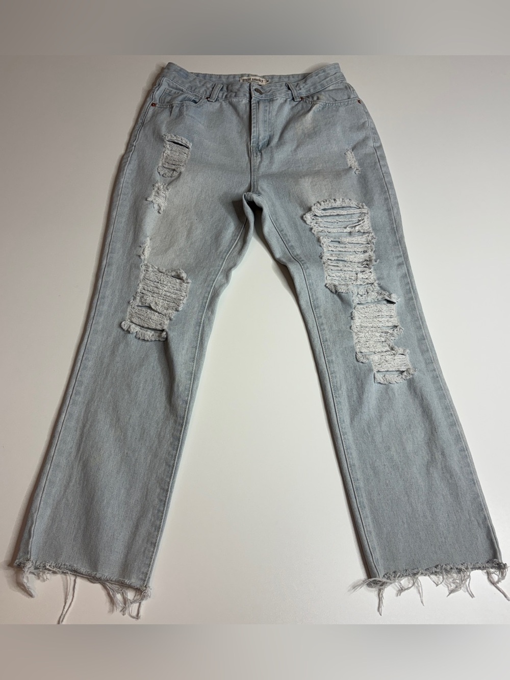 Great Smoky Y2K Grunge Distressed Wide Leg Jeans Raw Hem Light Wash 9